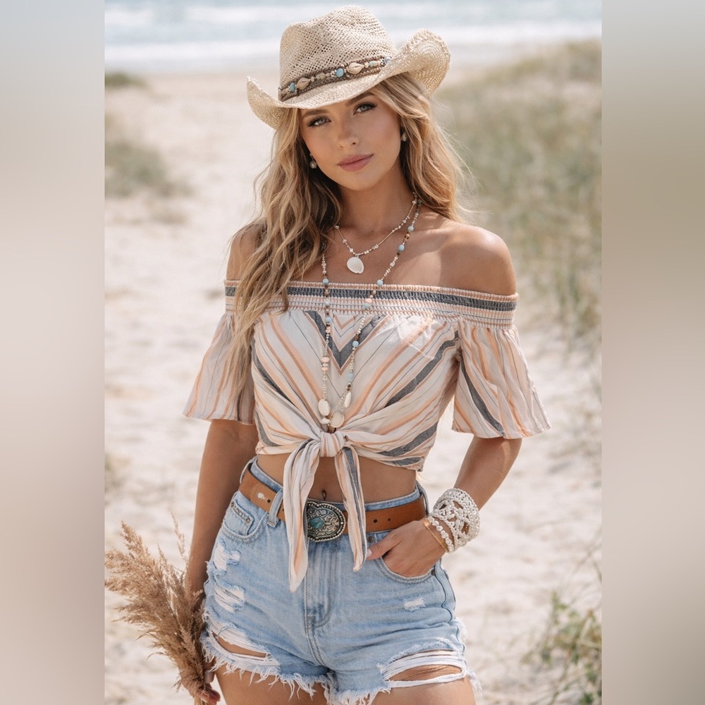 Bohemian Elegant Off-Shoulder Striped Tie-Front Cropped Blouse Size 8